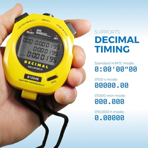 Sper Scientific Stopwatch, Water Resistant, Decimal Display and Multi-Split Stop Watch Timer for Sports, Coaches, Industrial Workers, and Trainers