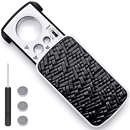 Jewelry Loupe Magnifier with UV LED Light, AFUNTA 30X 60X 90X Slide Out Pocket Magnifying Glass for Jewelry Diamonds Gems Coins Stamps Rocks Watches Hobbies Antiques Models Photos -Black