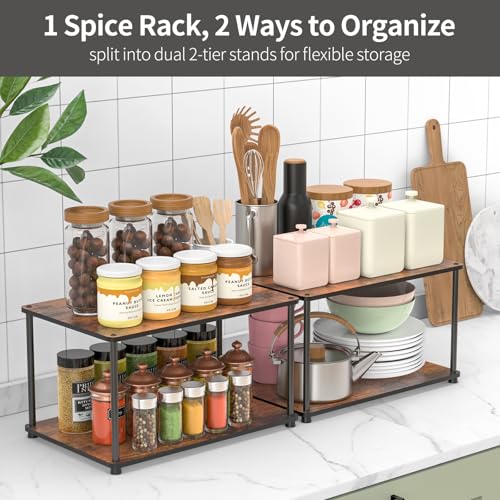 Countertop Spice Rack, Stackable Wood & Metal Pantry Cabinet Shelf Organizer Storage, 4-Tier or Split into 2×2-Tier, Multi-Use for Kitchen Bathroom Desktop Home Office, Rustic Brown - size: 4 Tier