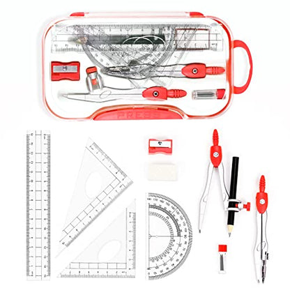 Vobou 10 pcs Math Geometry Set Student Supplies,Compass Kit Set (Red） - color: Red1