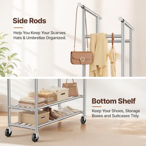 Heavy Duty Clothes Rack, Double Rod Garment Storage Organizer, Silver - color: Silver