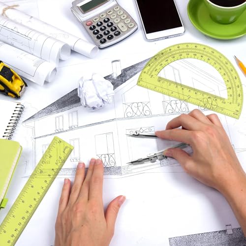 Zonon 3 Pcs 12" Clear Plastic Ruler 6 Inch Protractor Compass Set, Yellow - color: Yellow, size: 12 Inch