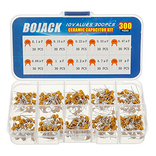 BOJACK 10 Values 300 Pcs Ceramic Capacitor 0.1 0.15 0.22 0.33 0.47 0.68 1 2.2 4.7 10 uF Multilayer Monolithic Ceramic Capacitor Assortment Kit - size: 0.1uF-10uF