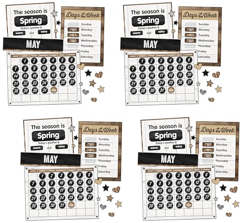 Schoolgirl Style Industrial Chic 95-Piece Calendar Bulletin Board Set, Farmhouse Monthly Calendar with Numbers, Birthdays and More, Rustic Farmhouse Calendar Bulletin Board Set for Classroom - size: 25.9" x 17.9" (Pack of 4)