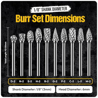 10Pcs Carbide Burr Set - 1/8" Shank Tungsten Die Grinder Bits, Double Cut - Compatible with Dremel & Milwaukee - Cutting, Engraving, Deburring - Rasp Accessories - Metal, Steel, Aluminum - size: 10pcs - 3mm