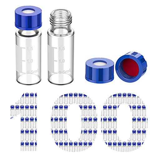 Membrane Solutions 2mL Autosampler Vials, 9-425 GC/HPLC Vials, 100 Pcs - size: Clear Vial & Red PTFE septa