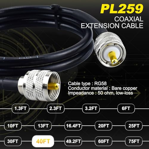 40FT RG58 Coaxial Cable PL259 Coax 50 Ohm CB Coax Cable - color: 1-Pack PL259 Cable, size: 40ft