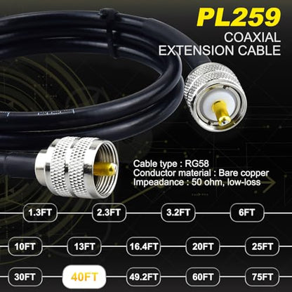 40FT RG58 Coaxial Cable PL259 Coax 50 Ohm CB Coax Cable - color: 1-Pack PL259 Cable, size: 40ft
