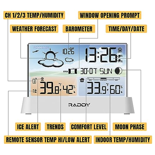 Raddy DT6 Wireless Weather Station, Atomic Clock Color Display