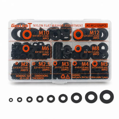 1200PCS Nylon Flat Washer Assortment Kit, 9 Metric Sizes M2-M12, Plastic Spacer Washers for Screws and Bolts, Organized Hardware Kit for Electronics, Appliances, Furniture and DIY Repair