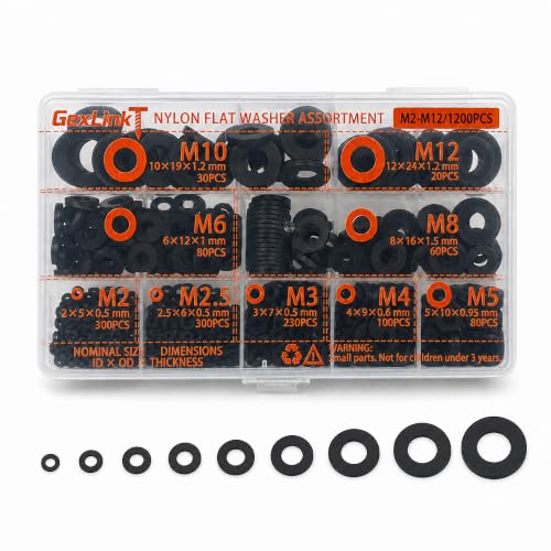 1200PCS Nylon Flat Washer Assortment Kit, 9 Metric Sizes M2-M12, Plastic Spacer Washers for Screws and Bolts, Organized Hardware Kit for Electronics, Appliances, Furniture and DIY Repair