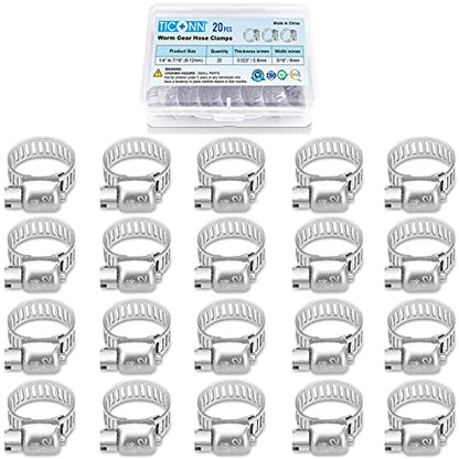 TICONN 20PCS Hose Clamps Set 304 Stainless Steel, 1/4"-7/16" Worm Gear - size: SAE Micro#4 20PCS 1/4"~7/16"