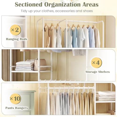 GIANTEX Clothes Rack with Pants Hangers, Heavy-Duty Metal Clothing Rack with 2 Hanging Rods & 4 Storage Shelves, Freestanding Garment Racks, Closet Organizer for Bedroom, Cloakroom (White) - color: White