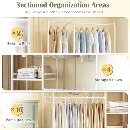 GIANTEX Clothes Rack with Pants Hangers, Heavy-Duty Metal Clothing Rack with 2 Hanging Rods & 4 Storage Shelves, Freestanding Garment Racks, Closet Organizer for Bedroom, Cloakroom (White) - color: White
