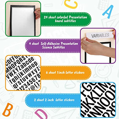 PerKoop 36 Sheets Science Fair Board Poster Boards Supplies 24 Self Adhesive Presentation Subtitles 4 Science Fair Project Titles 8 Personalized Letter Sticker for Classroom(Black) - color: Black