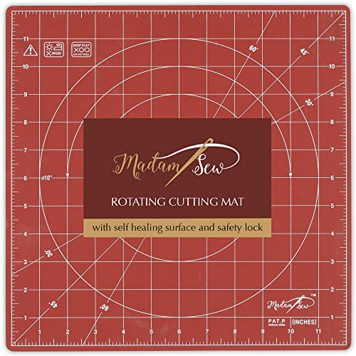 Madam Sew 12"×12" Rotating Self-Healing Cutting Mat — 360° Spin with Locking Base | Grid, Bias & Angle Lines | Non-Slip Rotating Cutting Mats for Quilting, Fabric, Sewing & Rotary Cutter Precision