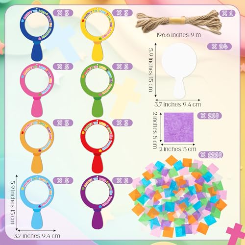 CJiangpo 24 Sets Magnify Suncatcher Paper Craft Kits, DIY Stained Glass Effect Window Ornament Rainbow Tissue Paper Art Craft for Classroom Activities Supplies Christian Religious Party Decor - style: Magnify