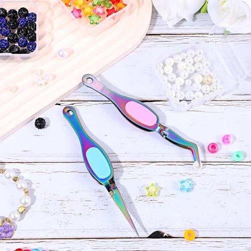 Ymapinc 2PCS Stainless Steel Precision Tweezers, Curved & Straight Tips - color: Rainbow