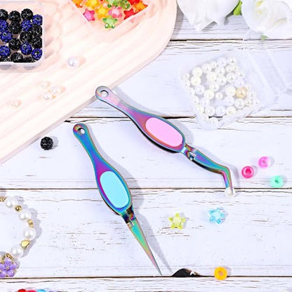 Ymapinc 2PCS Stainless Steel Precision Tweezers, Curved & Straight Tips - color: Rainbow