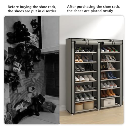 JIUYOTREE Double Row Shoe Rack Storage Organizer with Big Capacity,7-Tier Shoe Cabinet,Shelf,Closet with Nonwoven Fabric Cover for 28 Pairs of Shoes,Grey - color: Grey