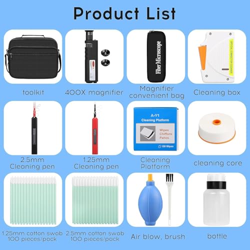 13 in 1 Fiber Optic Cleaning Tool kit with 400x Optical Fiber Microscope SC/LC Cleaning Pen 2.5mm 1.25mm Interface Cleaning Box with Replace core Fiber Optic Cleaner kit FTTH Clean Tool Kit