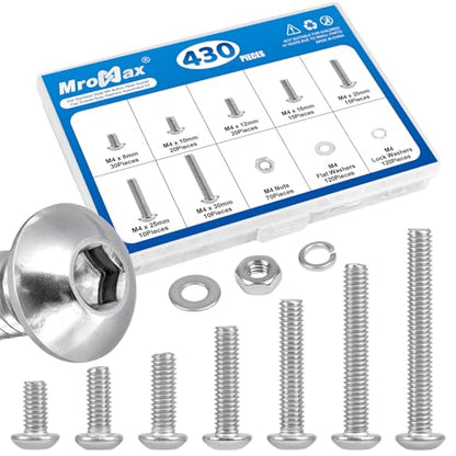 430Pcs M4 Button Head Socket Cap Screws Assortment Kit with Nuts Washers - size: M4 Screws Kit