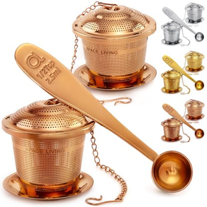 Tea Infuser Set of 2 with Tea Scoop & Drip Trays, Loose Leaf Tea Strainer - color: Rose Gold, size: Medium