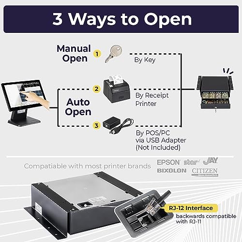 Volcora 13" Electronic Cash Register Drawer with Under Counter Mounting Metal Bracket - POS, 4 Bill 5 Coin Cash Tray, Removable Coin Compartment, 12-24V RJ11/RJ12 Key-Lock, Media Slot, Black - color: Black