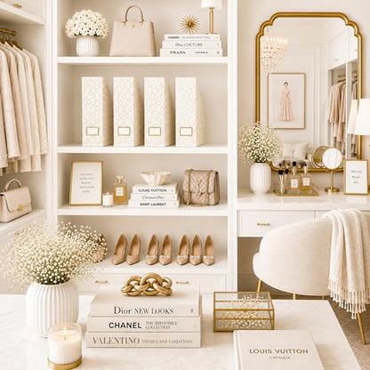 BLU MONACO | Cardboard Magazine File Holder Set of 4 | Vertical Magazine File Holder for Desk and Shelves | Cream Gold Foldable Magazine Holders with Label Slots - color: Cream Gold Woven