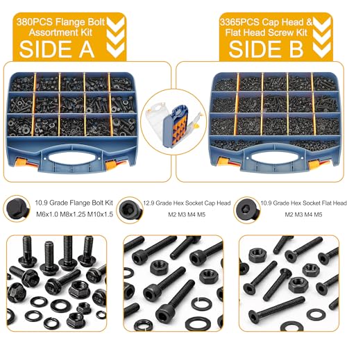 ZTF 3745PCS Metric Bolt Assortment Kit, M2-M10 Hex Socket Screws & Nuts - size: Flange+Flat+Button Head 3745Pcs