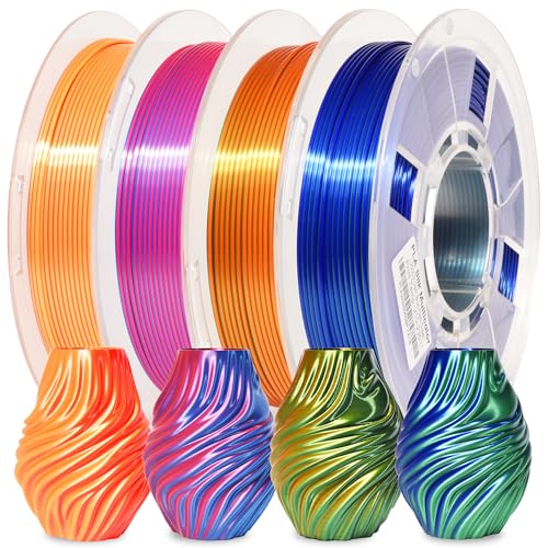 PINBALL Silk Dual Color PLA 3D Printer Filament Bundle 1.75mm, Shiny Multi-Color Changed by Angle PLA Filament, 250g Spool, 4 Rolls, Blue-red+Golden-Green+Golden-red+Blue-Green - color: Pla-250g*4-silk Dual Color, size: PLA-250g*4