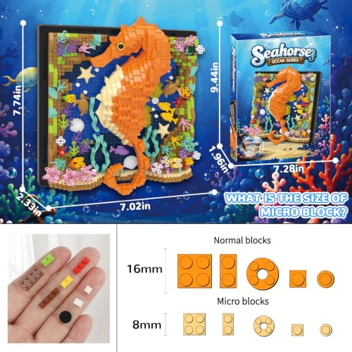 Seahorse Animal 3D Wall Art Micro Mini Building Blocks Set, Unique Home Wall Decor or Table Display, No Compatible with Lego, Ideal Gift Toy for Adults & Boys Girls 14+ (1404 PCS) - color: Seahorse