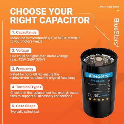 [2025 Upgraded] BlueStars 270-324 uF MFD 220-250 VAC Motor Start Capacitor - size: 270-324 MFD 220-250 VAC
