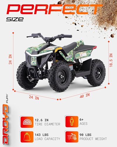 Droyd Electric ATV Fury, 36V Kids Quad Bike with 500W Brushless Powerful Motor, 8-10 Miles Long Range Electric 4 Wheeler with Throttle Controlled Dual Suspension for Boys Girls Ages 6+ (Green Cameo) - color: Green Cameo