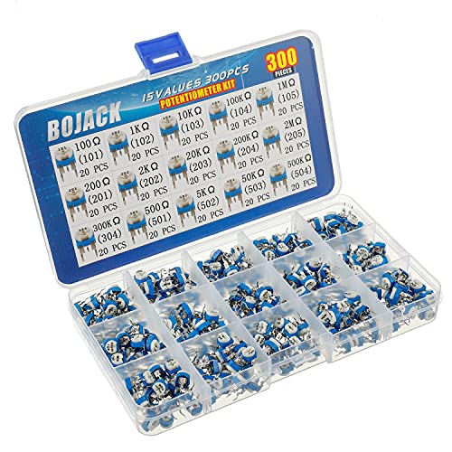 BOJACK 15 Values 300 pcs 100 Ohm- 2M Ohm Variable Resistor 6mm Potentiometer Assortment Kit packag in a Clear Plastic Box