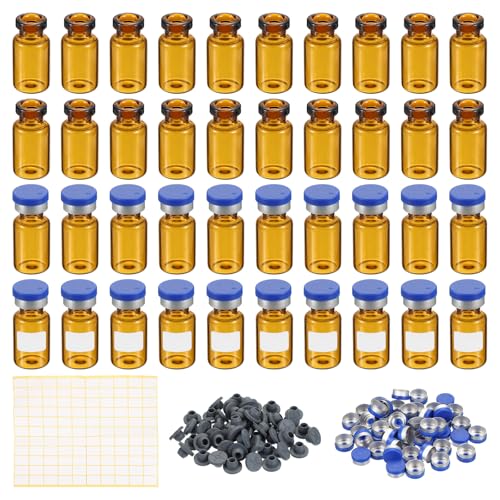 PATIKIL 2ml Sample Vials, 100 Pack Lab Empty Vials with Butyl Rubber Stopper Crimp Top Caps and Labels Borosilicate Glass Vial, Amber - color: Amber, size: 2ml