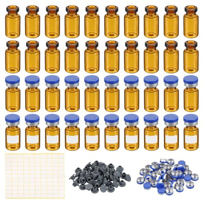 PATIKIL 2ml Sample Vials, 100 Pack Lab Empty Vials with Butyl Rubber Stopper Crimp Top Caps and Labels Borosilicate Glass Vial, Amber - color: Amber, size: 2ml
