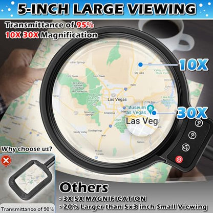 30X 10X Large Floor Magnifying Glass with Light and Stand - color: Black