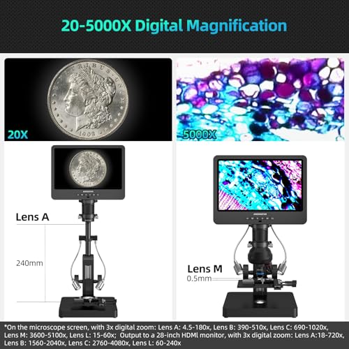 Andonstar AD269S 20X-5000X HDMI Digital Microscope, 5 Lens 2160P UHD Video - style: AD269S-10"+ Endoscope Kit+ Metal Biological Stand