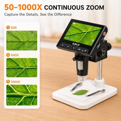 Elikliv Microscope, Digital Coin Microscope 1000x with Lights, EDM4, 4.3'' - color: White