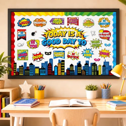 Hero Themed Mental Health Bulletin Board Set Motivational Classroom Decor Today is Good Day Inspirational Affirmation Super Themed Cutouts for Back to School Party Classroom Chalkboard Wall Door Decor - style: Today is Good Day to
