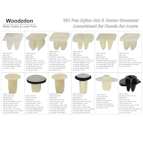231pcs Headlight Adjusting Screw Nylon Nut Bumper Grommet #6, #8, #10, #14 - size: 12 Size 231pcs