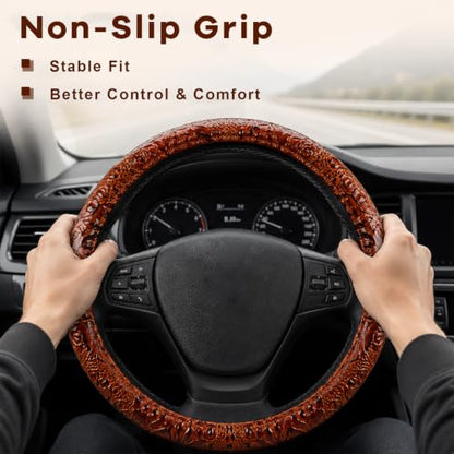 15" Leather Car Steering Wheel Cover (Brown) - color: Brown