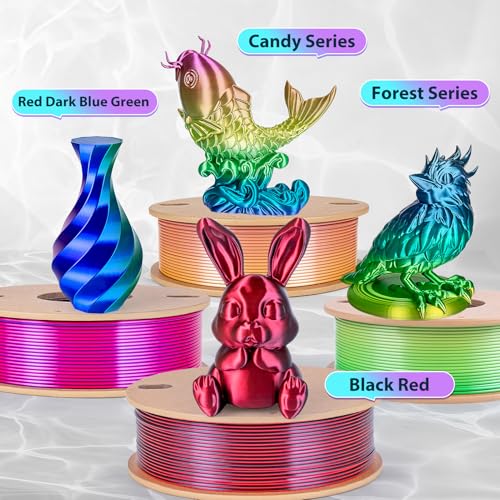 Silk Rainbow PLA Filament 1.75mm Bundle, Shiny Fast Color Changing Gradient 3D Printer Filament 4-Pack (250g/Spool, 1kg Total), High Gloss & Smooth Finish for Articulated Dragon Toys, 3D Art Crafts - color: Candy+forest+universe+red Blue Green+black Red 4