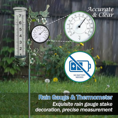 Rain Gauge Best Rated with Thermometer, Freeze Proof & Weatherproof - color: Bird & Flowe (Green)