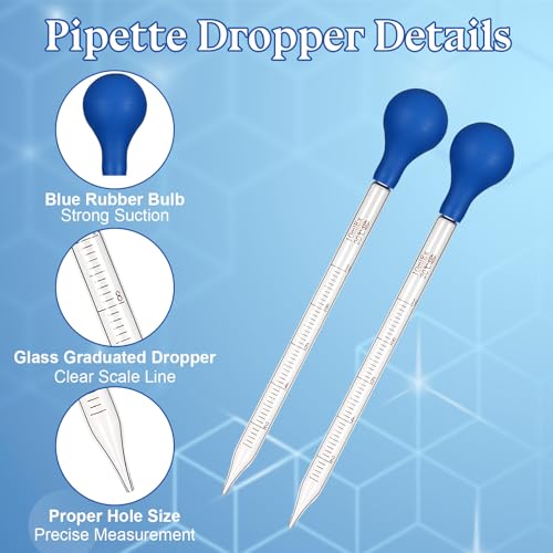 3 Pcs Glass Pipettes Dropper, 10ml & 3ml Graduated Liquid Dropper with Rubber Bulb for Laboratory, Medicine, Research (Blue & Red)