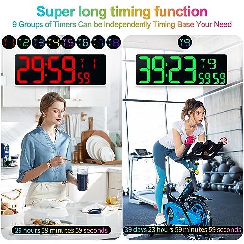 17.2" Large Digital Wall Clock 10 RGB Colors 9 Group Timer Remote Control - color: White Shell&rgb