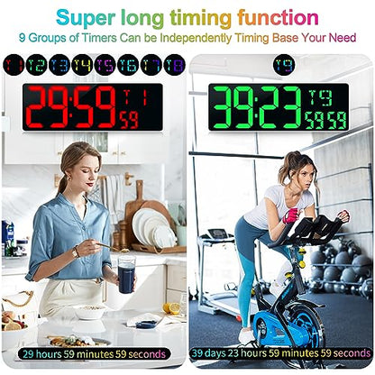 17.2" Large Digital Wall Clock 10 RGB Colors 9 Group Timer Remote Control - color: White Shell&rgb