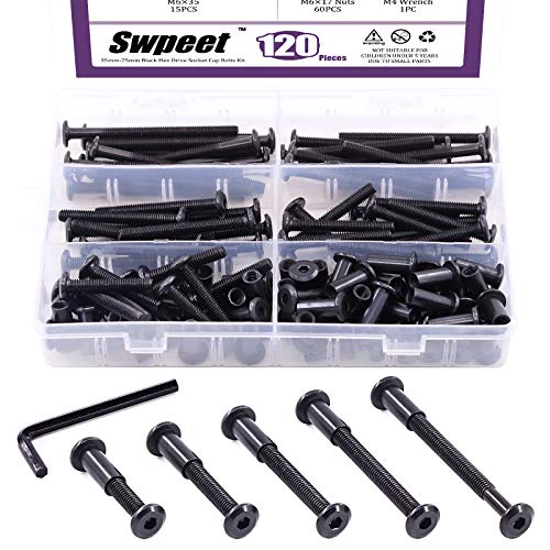 Swpeet 120Pcs M6x35mm/45mm/55mm/65mm/75mm Carbon Steel Black Hex Drive Socket Cap Bolts Barrel Nuts Kit with 1Pcs Allen Wrench, Screw Post Fit for Furniture Countsunk Belt Buckle Leather Binding Bolts - size: M6x35mm/M6x45mm/M6x55mm/M6x65mm/M6x75mm