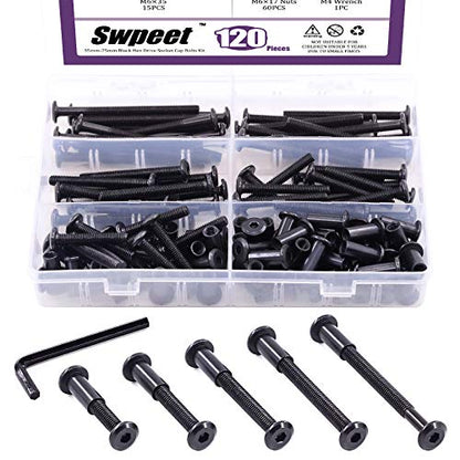 Swpeet 120Pcs M6x35mm/45mm/55mm/65mm/75mm Carbon Steel Black Hex Drive Socket Cap Bolts Barrel Nuts Kit with 1Pcs Allen Wrench, Screw Post Fit for Furniture Countsunk Belt Buckle Leather Binding Bolts - size: M6x35mm/M6x45mm/M6x55mm/M6x65mm/M6x75mm